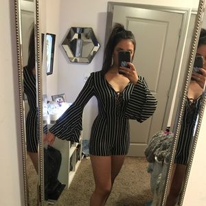 Lace up striped romper with bell sleeves!